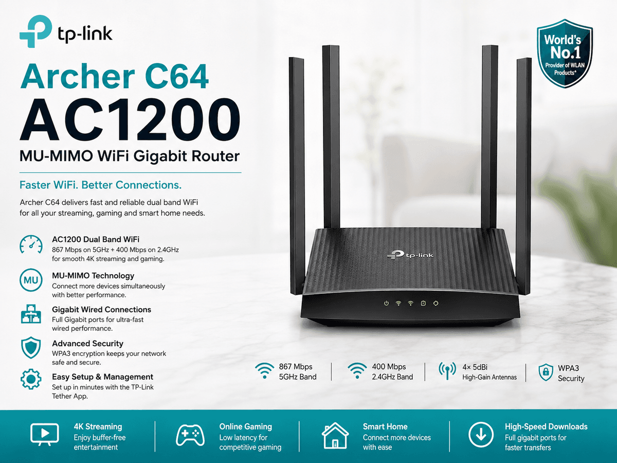 TP-Link Archer C64 AC1200 MU-MIMO WiFi Gigabit Router